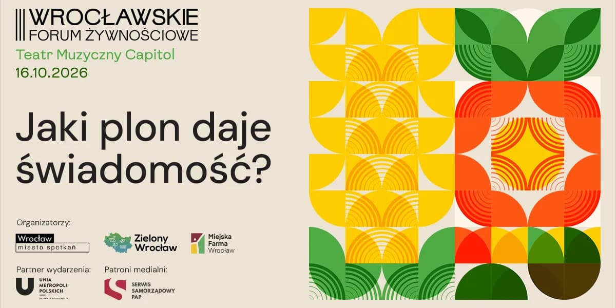 A poster with text on a light background on the left and a vibrant geometric pattern in yellow, orange, and green on the right.